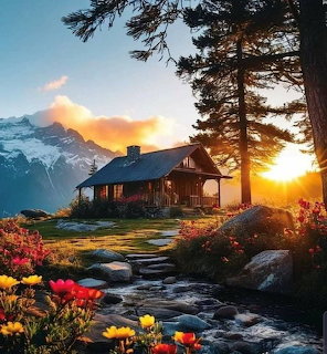 Mountain Cabin at Sunset