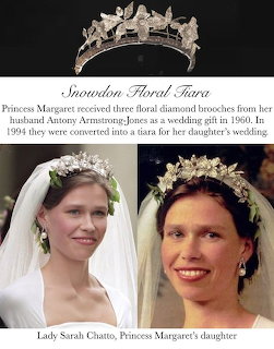 Collage of the Snowdon Floral Tiara and two bridal portraits of Lady Sarah Chatto in a veil