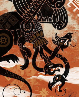 Decorative illustration with black silhouettes of animals or mythical creatures on orange patterned background