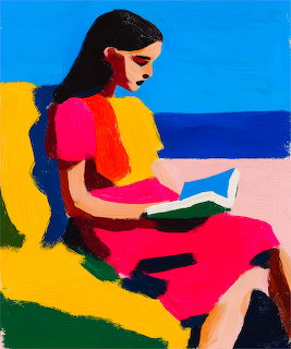Woman in pink dress reading book outdoors by blue ocean, colorful minimalist illustration