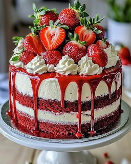 Layered strawberry cheesecake topped with fresh strawberries and whipped cream on a cake stand