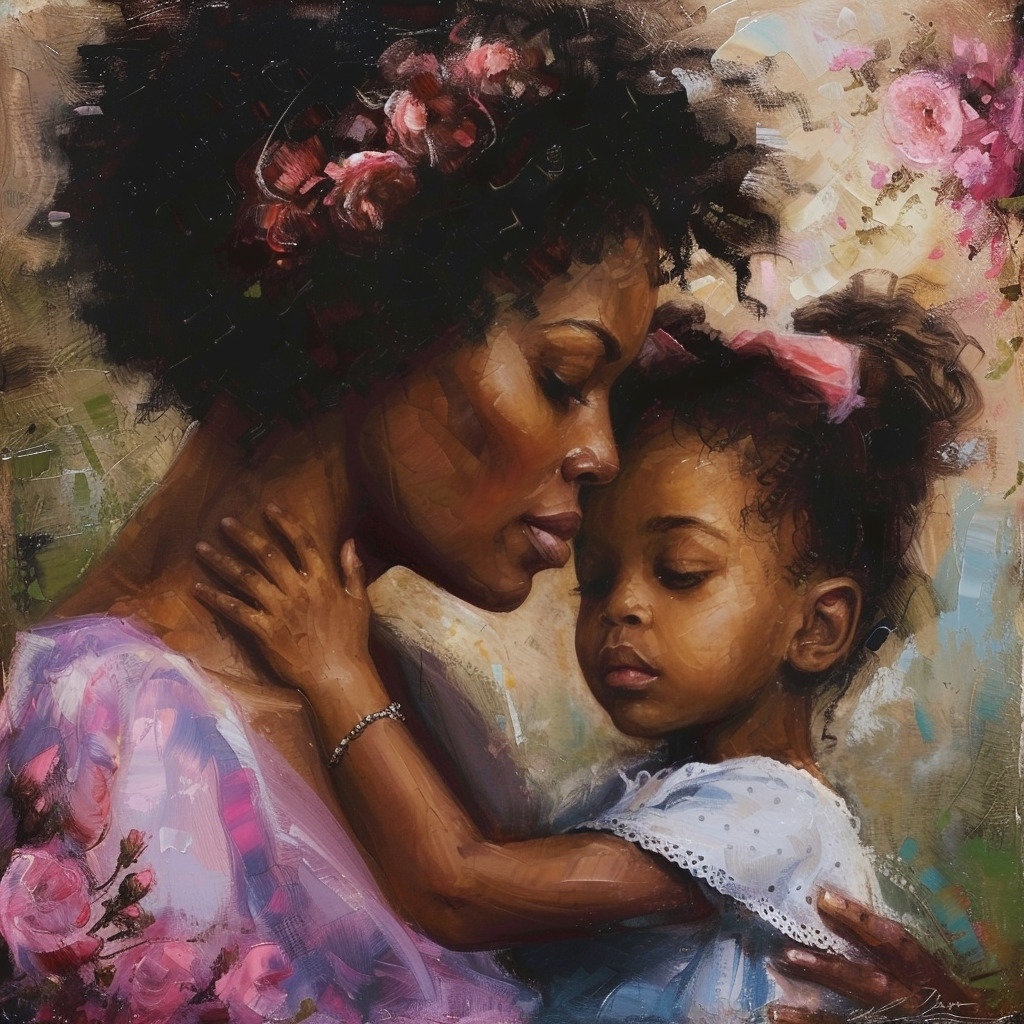 Painting of mother holding young daughter close in loving embrace with pink flowers in background