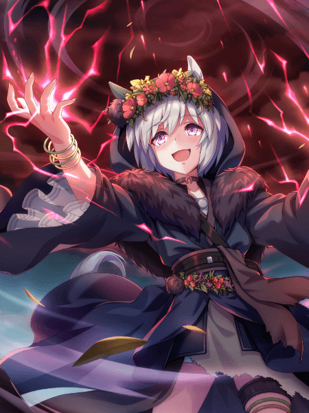 Anime girl with white hair, cat ears, flower crown, and dark hooded cape channeling red lightning energy