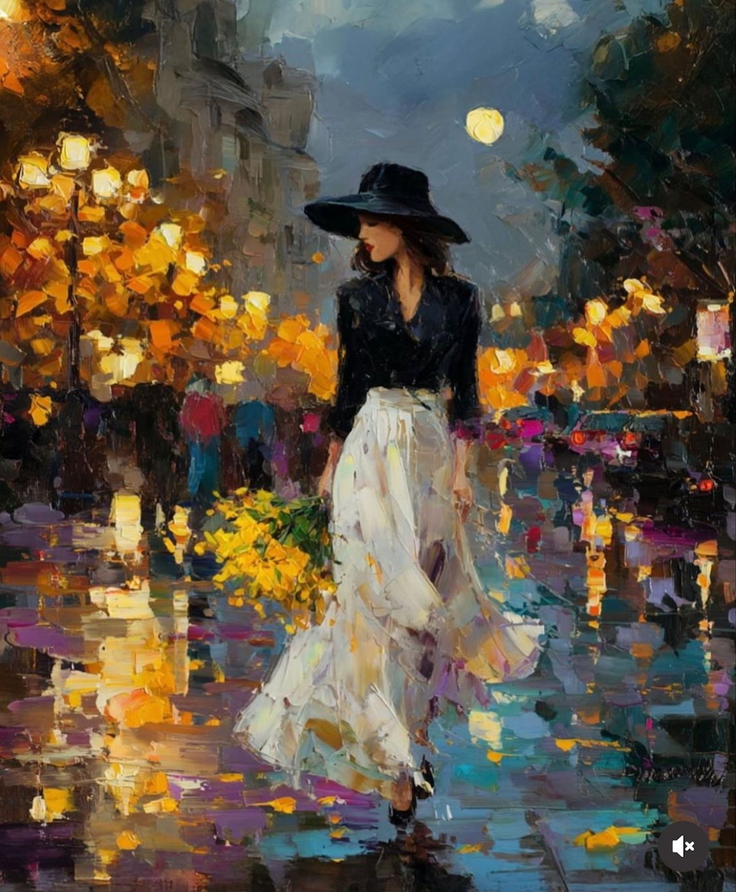 Woman in hat walking on wet city street at night with glowing lamps and colorful reflections