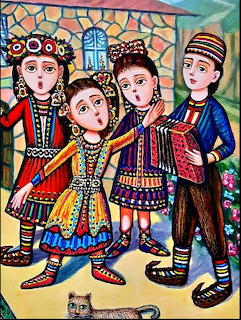 Four children in traditional Armenian costumes singing together in folk art style