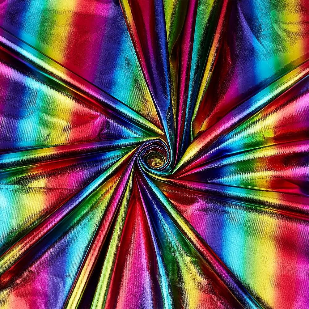 Iridescent rainbow fabric twisted in spiral pattern with metallic sheen radiating from center