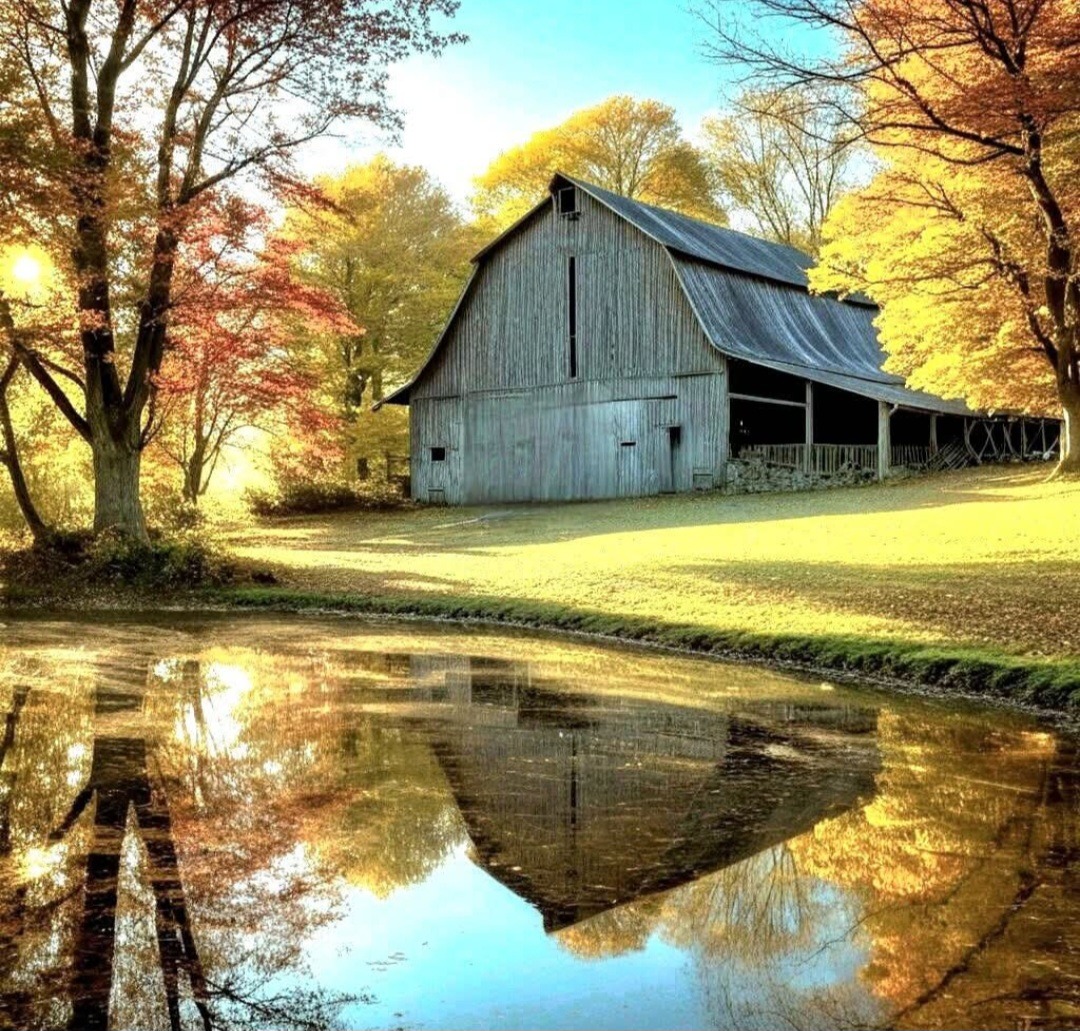 Gray barn with fall foliage reflected in water puddle