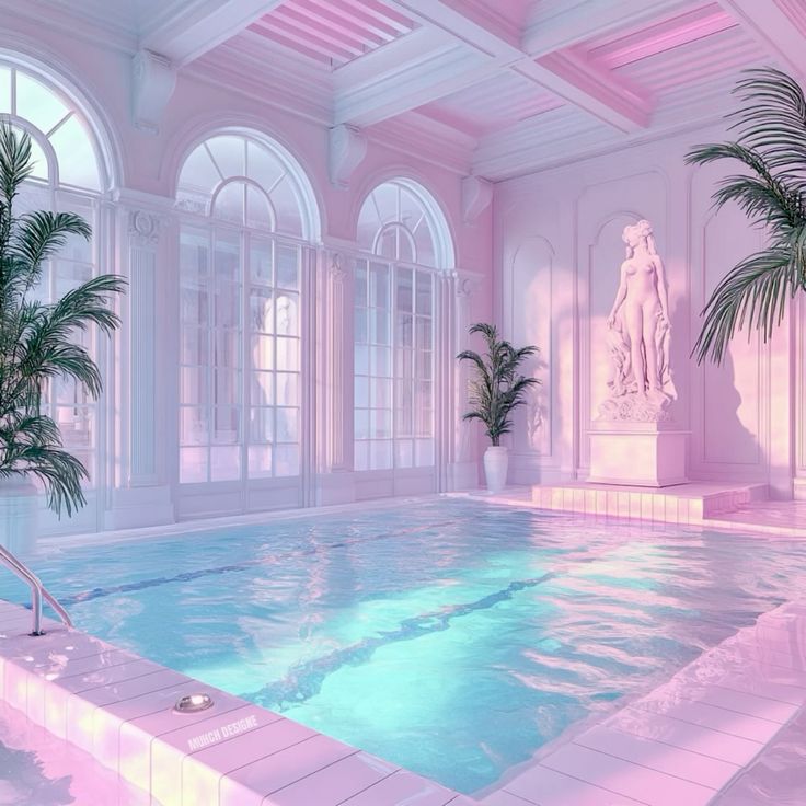 Pastel pink indoor pool with glowing water, arched windows, palm plants, and a classical statue