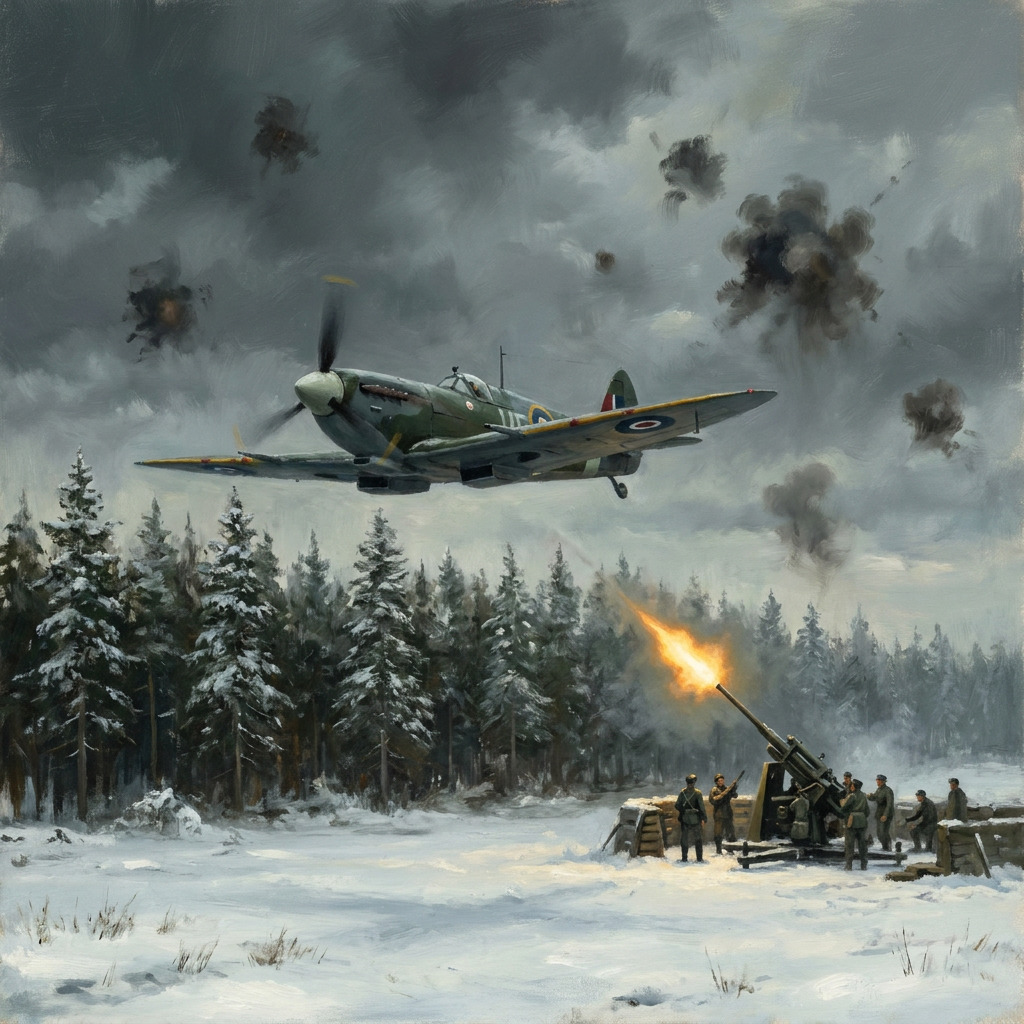 WWII fighter plane over a snowy forest battlefield with soldiers firing an anti-aircraft gun
