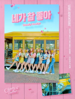 Cherry Bullet girl group members posing in colorful outfits in front of a vintage bus with pink fence