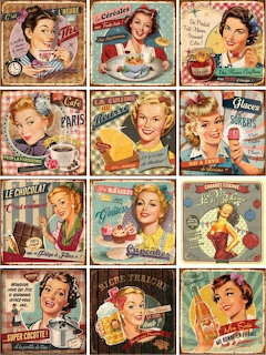 Grid of twelve vintage-style advertisements showing women from the 1940s-50s era with various products