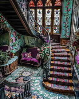 Ornate Victorian staircase with floral carpet, stained glass windows, and vintage purple velvet furniture