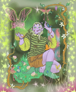 Surreal colorful illustration of a fantasy creature with moth wings sitting among plants and mushrooms in a glowing vine frame