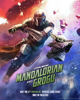 The Mandalorian flying beside Grogu in a hovering pram in a colorful sci-fi poster