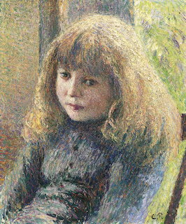 Impressionist portrait painting of a seated young girl with long light-brown hair and a dark dress