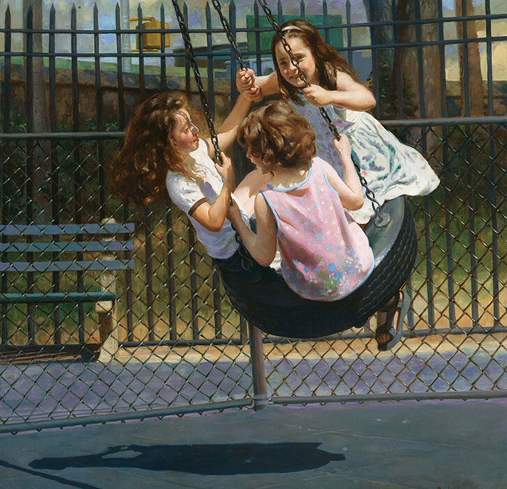 Painting of three girls playing on a tire swing near a fence and bench in a park