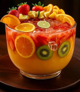 Glass punch bowl with tropical fruits and layered orange-red beverage on wooden table