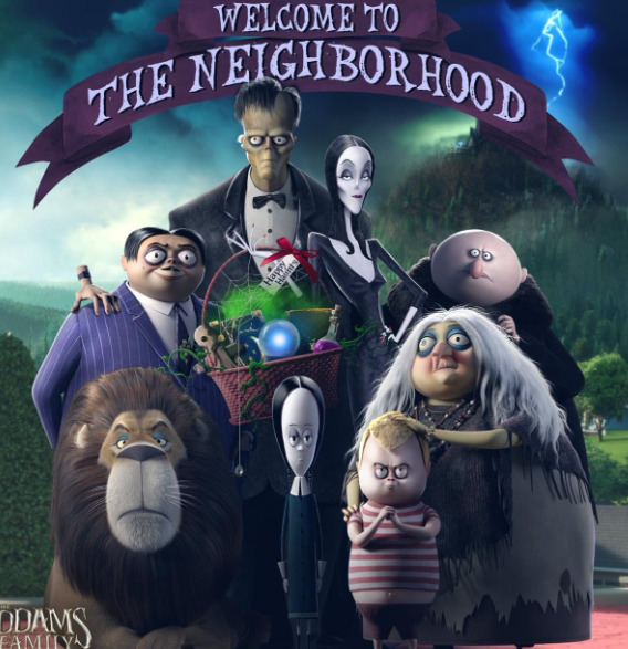 The Addams Family characters stand together beneath a Welcome to the Neighborhood banner.