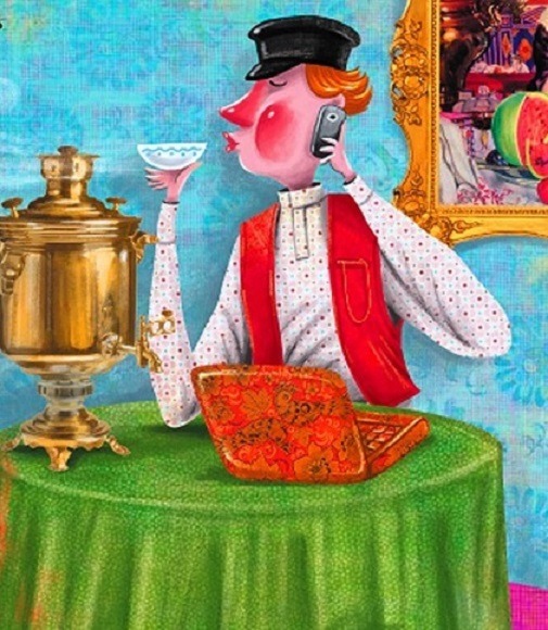Illustrated man in Russian folk costume with samovar and lacquer box at a green table