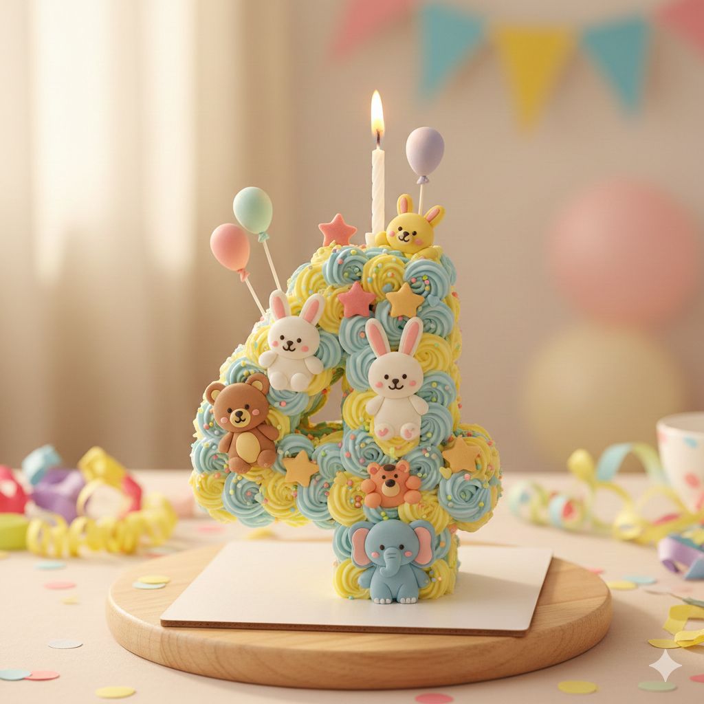Pastel number 4 birthday cake with bunny and teddy bear decorations on a wooden stand