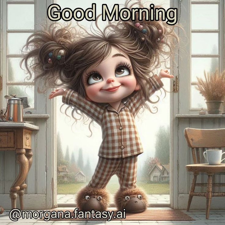 Stylized little girl in pajamas smiling in a cottage doorway with messy hair buns