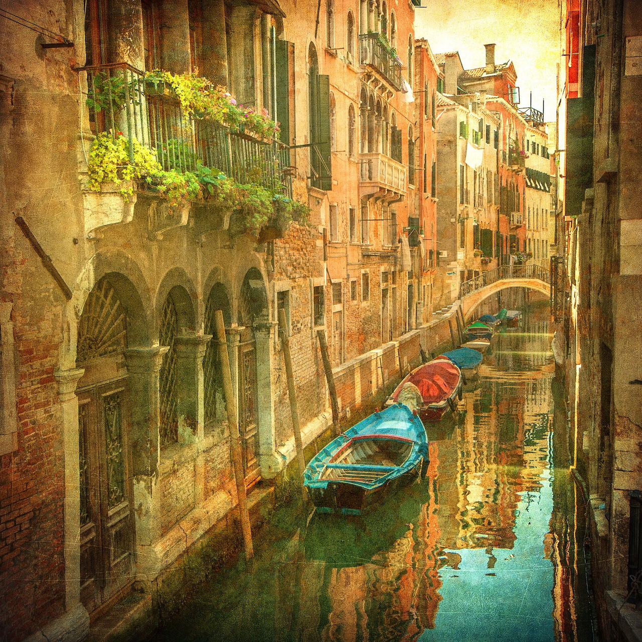 Vintage-style painting of a narrow Venice canal with a turquoise gondola and old buildings with flower-adorned balconies