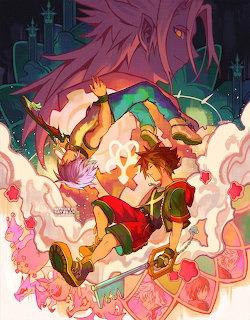 Anime illustration of two Kingdom Hearts characters falling through a colorful magical dreamscape