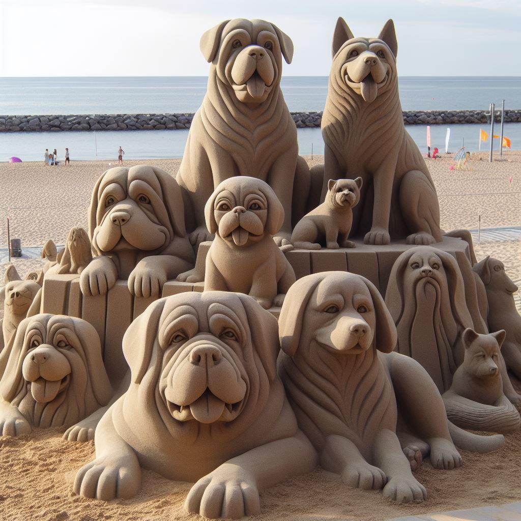 Sand sculpture featuring group of sitting and lying dogs carved in sand on beach with ocean backdrop