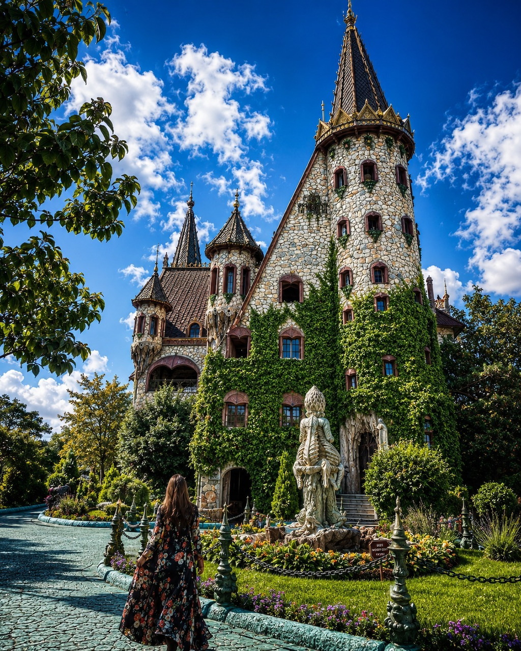 Castle with pointed towers above a garden path, statues, and a woman walking in the foreground