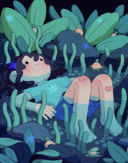 Anime girl with dark blue hair lying in swamp water surrounded by green leaves and lily pads