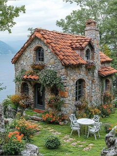 Stone cottage with orange tile roof, garden furniture, flowers, and mountain backdrop