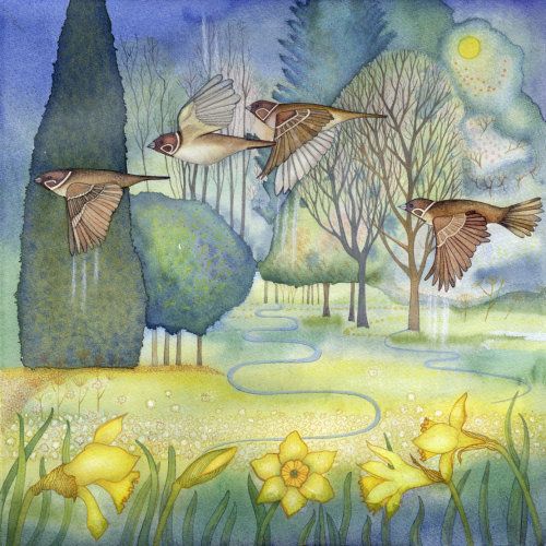 Watercolor painting of three brown sparrows flying above yellow daffodils and spring trees under moonlight