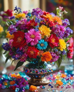Vibrant bouquet of colorful flowers in ornate vase with scattered petals