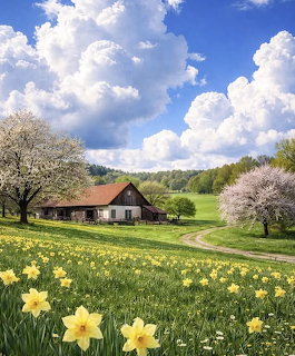 Rustic cottage in spring meadow with yellow daffodils and blossoming trees under cloudy blue sky