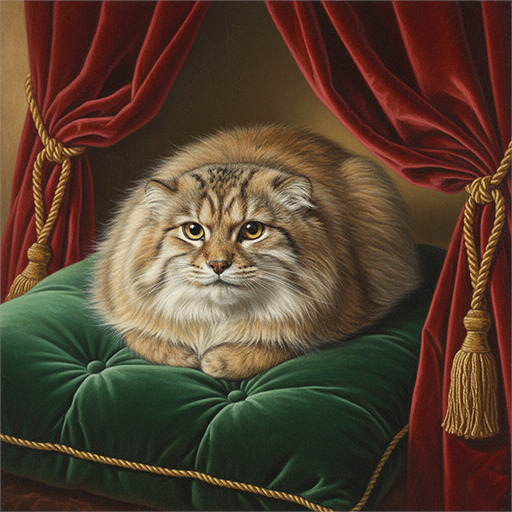 Pallas cat with thick fur sitting on green cushion with red curtains