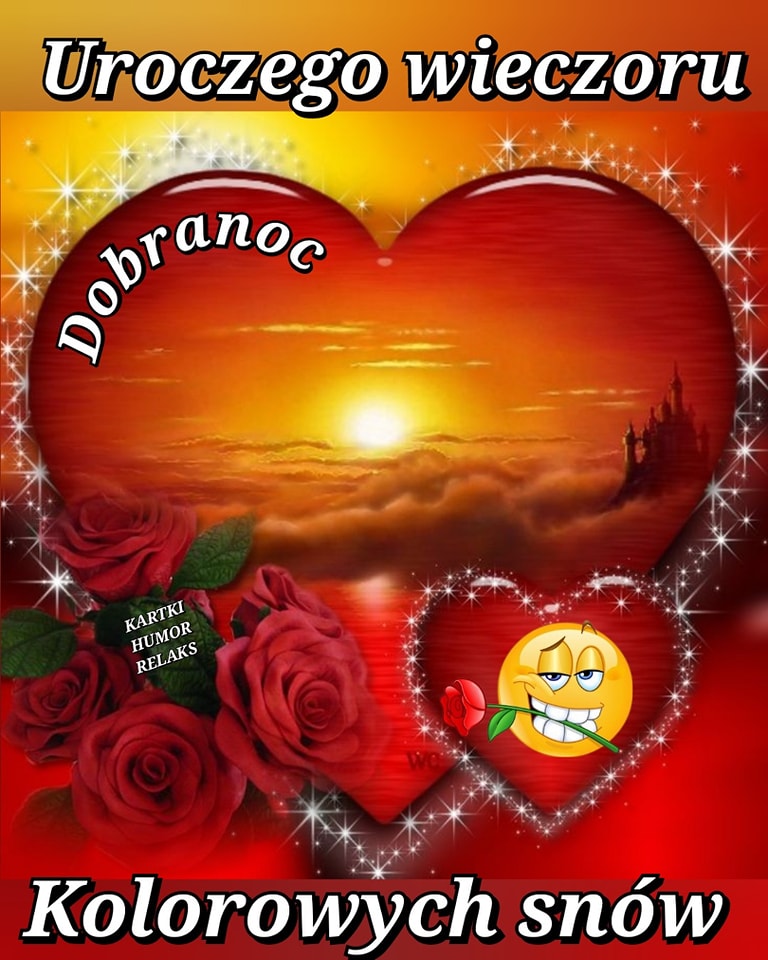 Polish goodnight greeting card with red heart, sunset, roses, sparkles, and emoji holding a rose
