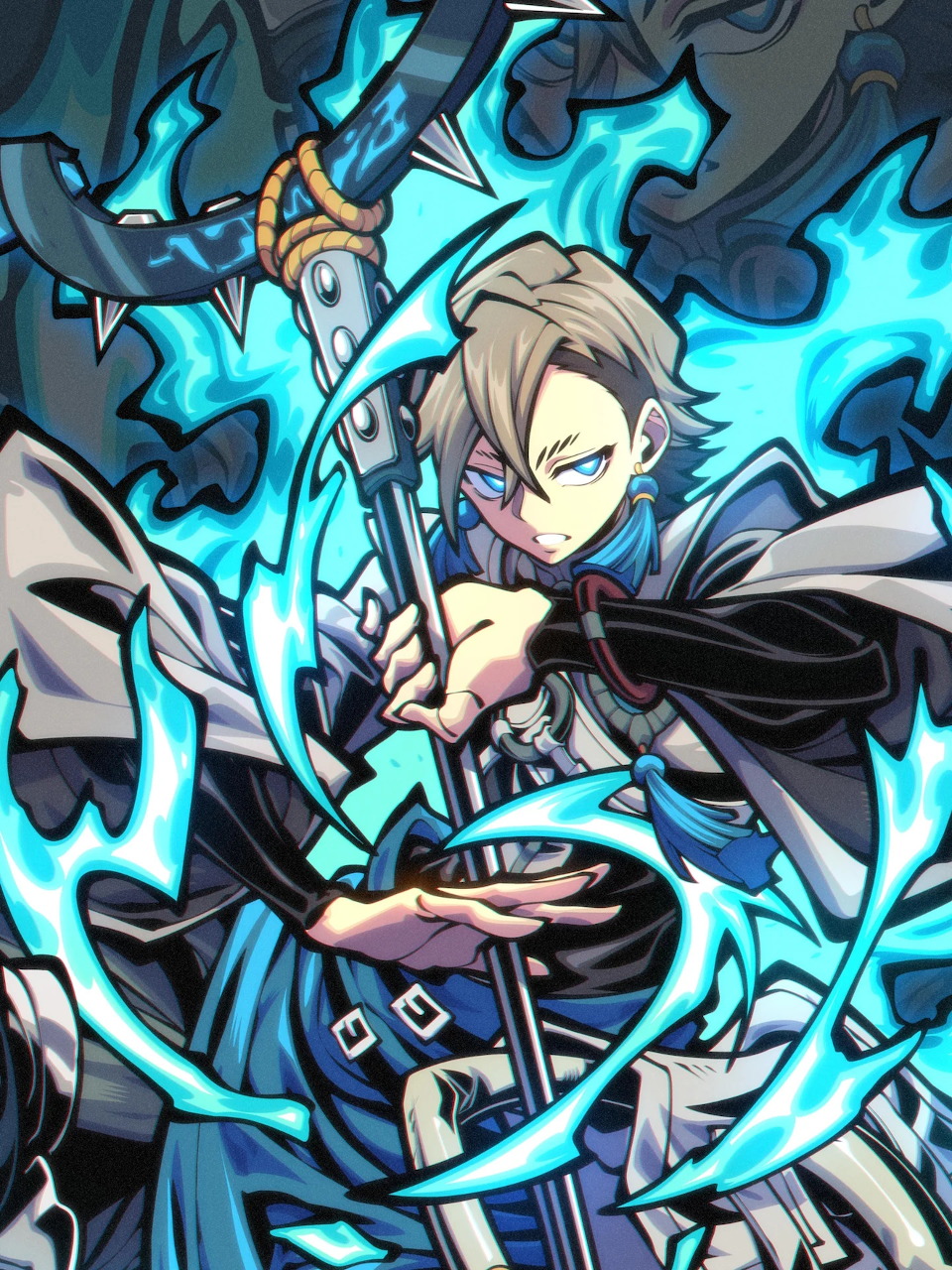 White-haired anime character with sword amid swirling blue flames
