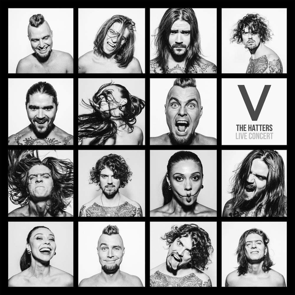 Black-and-white album cover collage with band member portraits and a central V text tile