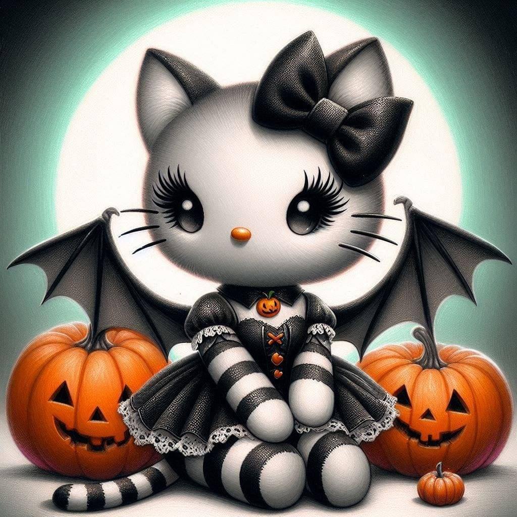 Hello Kity in gothic Halloween bat costume with bat wings sitting among jack-o-lantern pumpkins