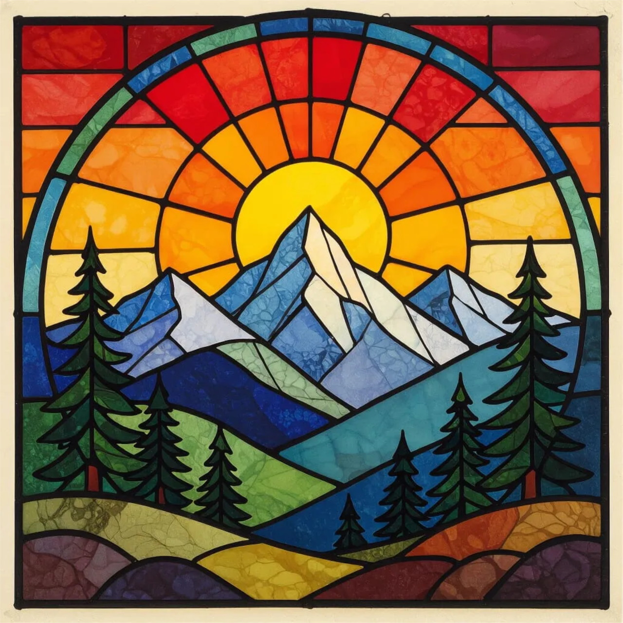 Stained glass artwork showing mountains, pine trees, and sunrise in vibrant geometric panels