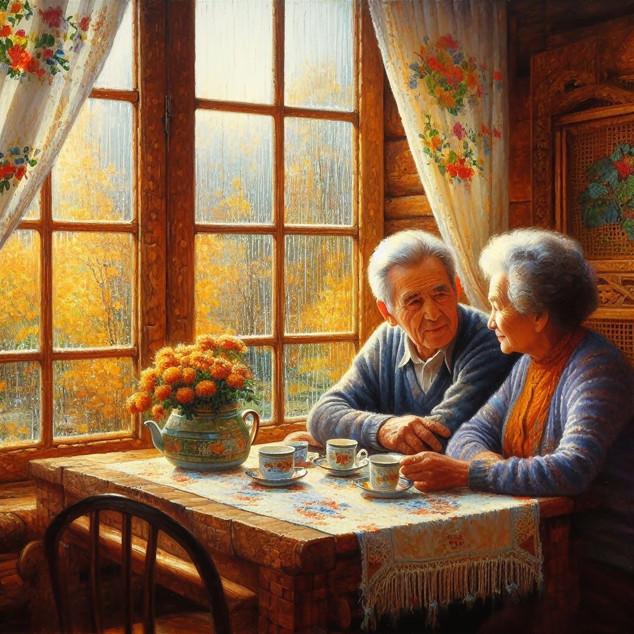 Elderly couple sitting at table by window with autumn view, warm indoor lighting