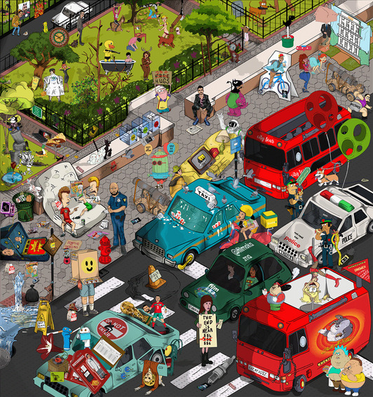 Isometric pixel art city scene showing traffic jam with various vehicles and people at intersection