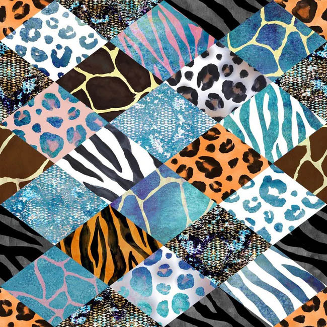 Patchwork quilt with various animal prints and geometric patterns in blue, orange, black, and white tones