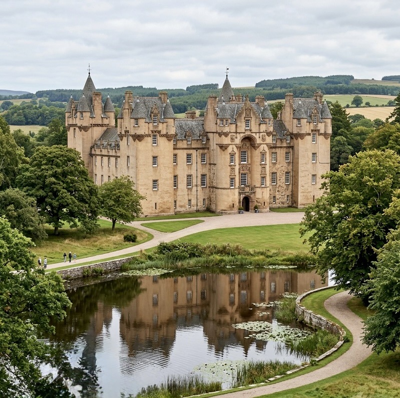 Fyvie Castle with turrets beside a reflective loch in Scottish countryside