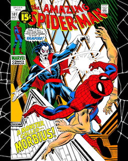 Comic book cover of Spider-Man fighting Morbius with bold title text above