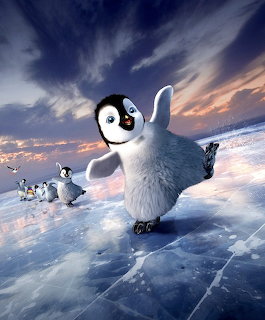 Fluffy baby penguin with wings raised dancing on ice under colorful sunset sky