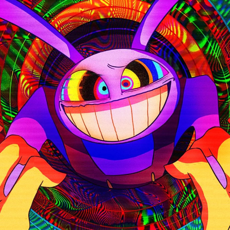 Bright purple cartoon character with a huge grin in a swirling neon tunnel
