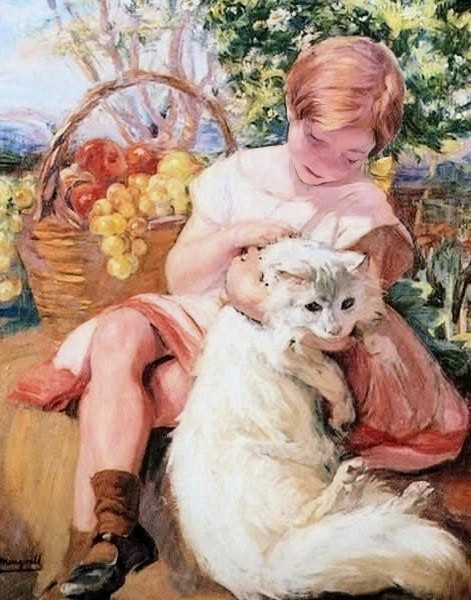 Painting of a seated girl holding a white cat outdoors beside a basket of fruit