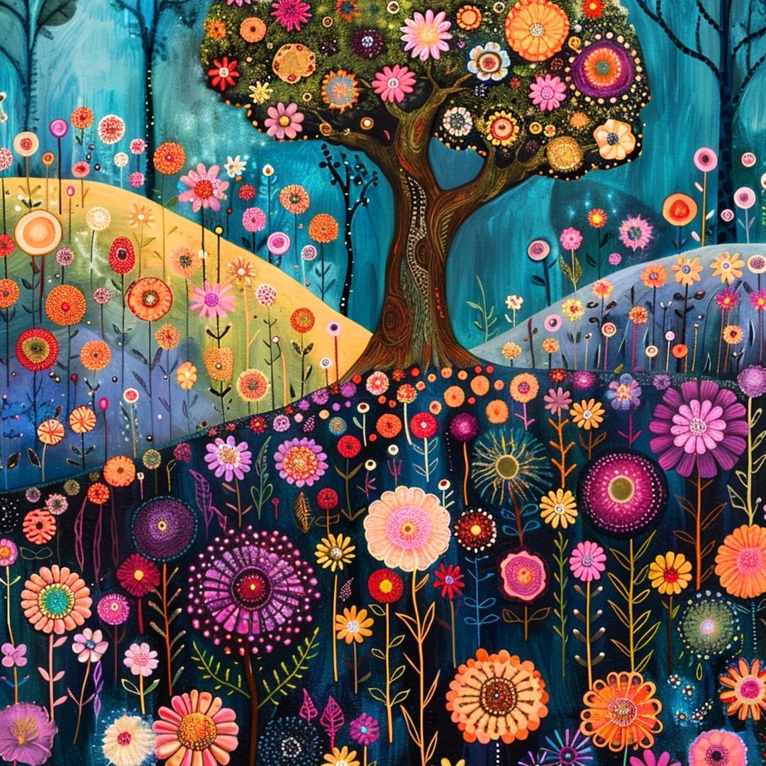 Colorful abstract tree with circular mandala flowers and decorative floral patterns on blue background