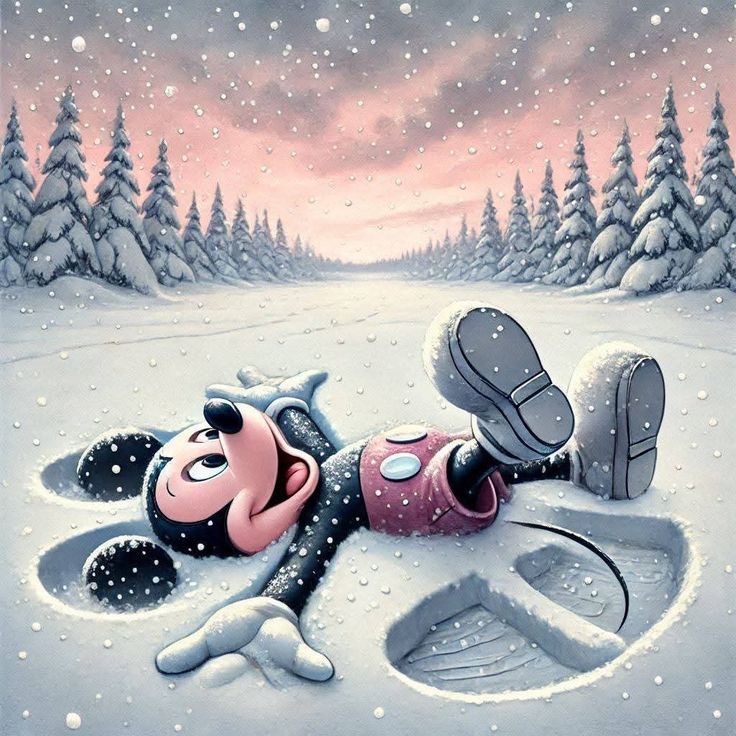 Minnie Mouse making a snow angel in a snowy forest at sunset